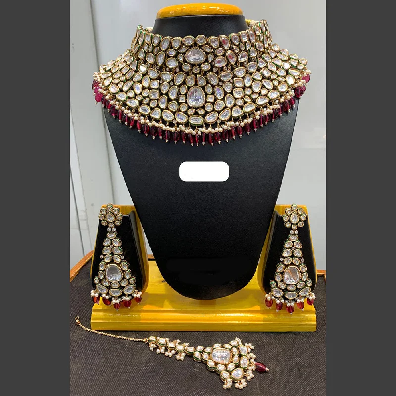 women’s chunky statement necklaces-Jain Jewellers Gold Plated Polki Kundan Stone And Pearls Choker Necklace Set