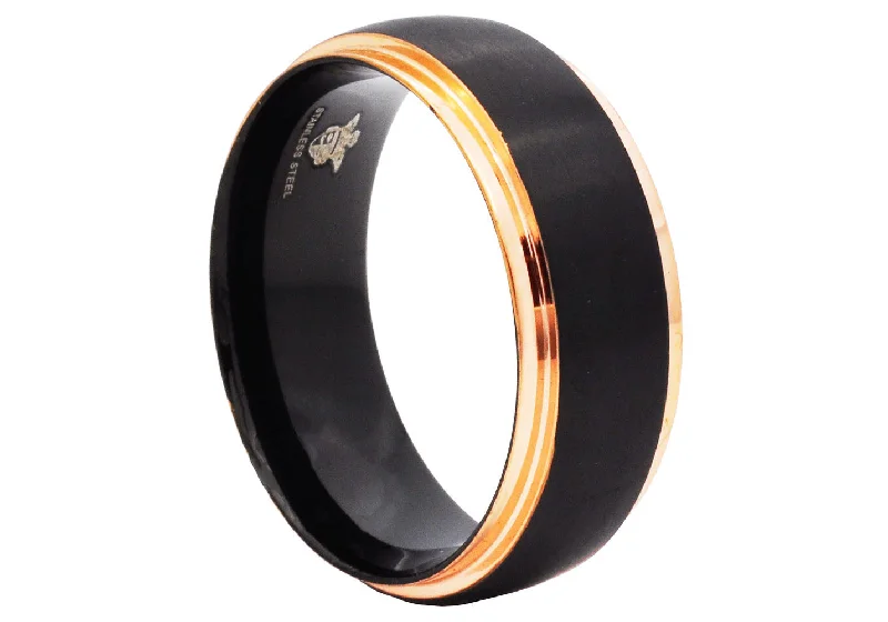 women’s rose gold engagement rings-Mens Rose And Black Stainless Steel Band