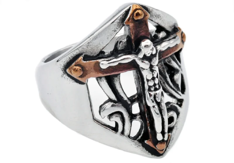 women’s minimalist engagement rings-Mens Chocolate Stainless Steel Cross Ring