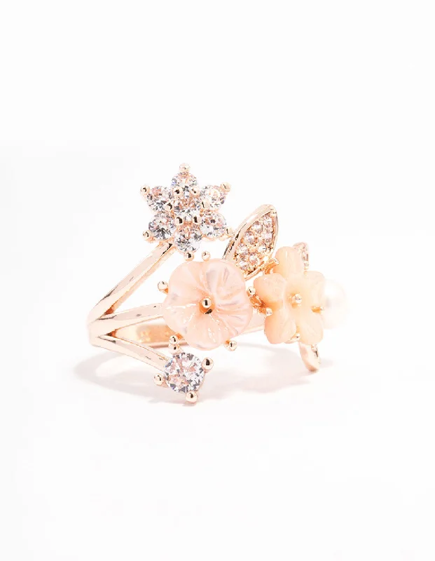 women’s princess-cut rings-Rose Gold Plated Floral Bouquet Ring