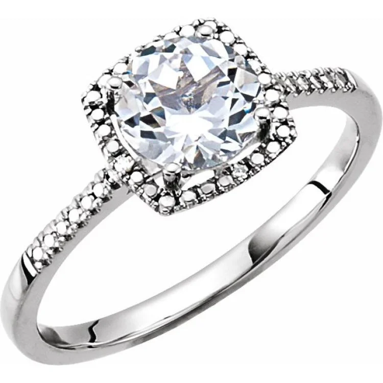 women’s Asscher cut engagement rings-Sterling Silver Lab-Grown White Sapphire & .01 CTW Natural Diamond Ring