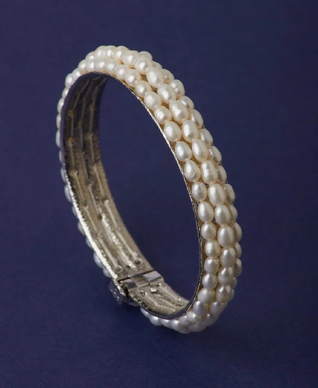 women’s silver bracelets-Elegant Rhodium White Pearl Bangle