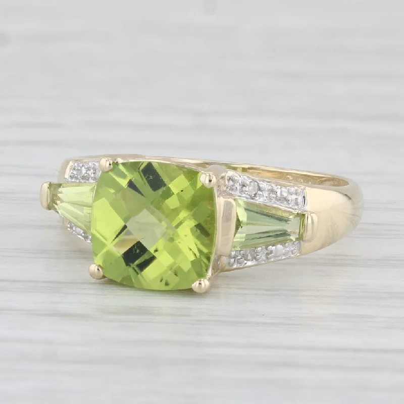 women’s split shank engagement rings-3.13ctw Cushion Green Peridot Diamond Ring 10k Yellow Gold Size 7.25