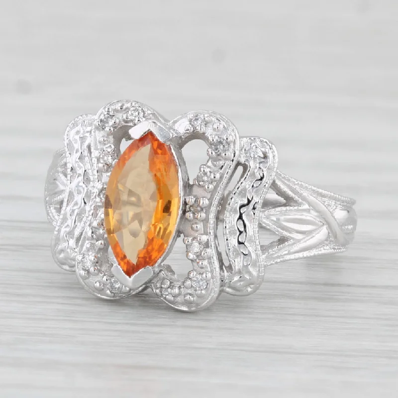 women’s round engagement rings-1.08ctw Orange Sapphire Diamond Ring 14k White Gold Size 7