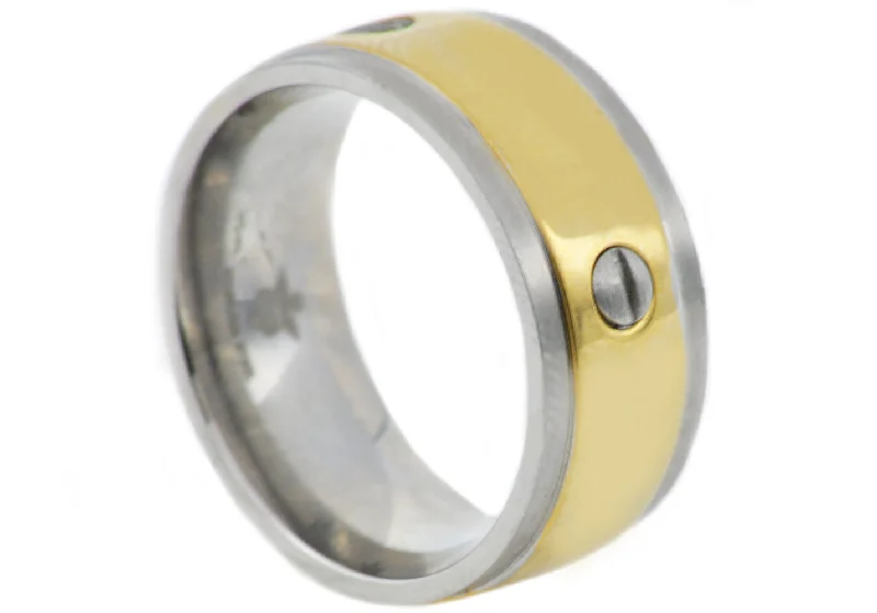 women’s flower rings-Mens Gold Stainless Steel Band With Screws