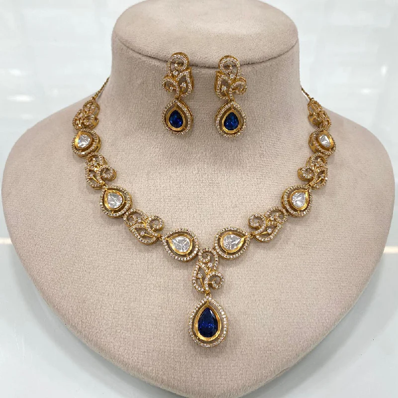 women’s silver necklaces-FS Collection Gold Plated Polki Kundan Stone Necklace Set