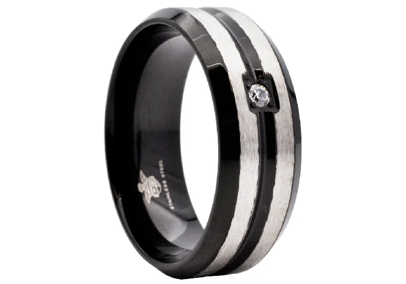 women’s ring sets-Mens Black Stainless Steel Band With Cubic Zirconia