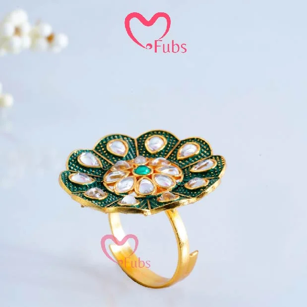 women’s promise rings with engraving-Pearlescent Kundan Flower Ring