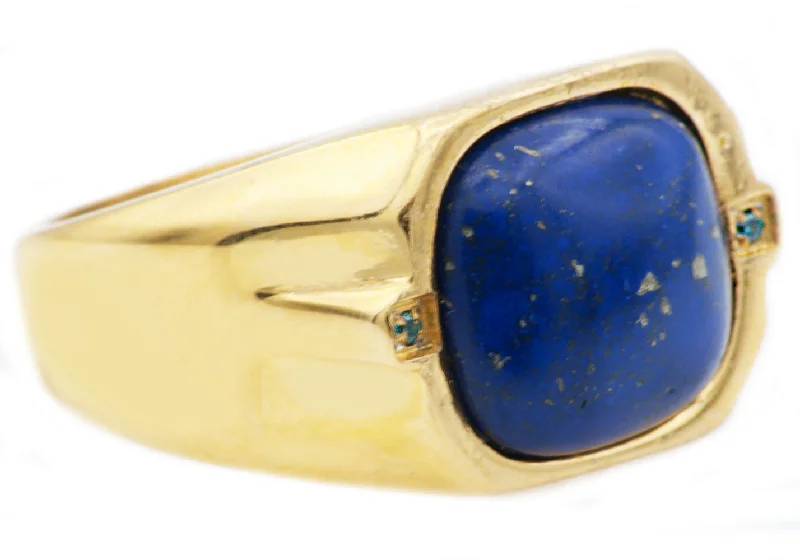 women’s statement cocktail rings-Mens Genuine Lapis Lazuli Gold Stainless Steel Ring With Blue Cubic Zirconia