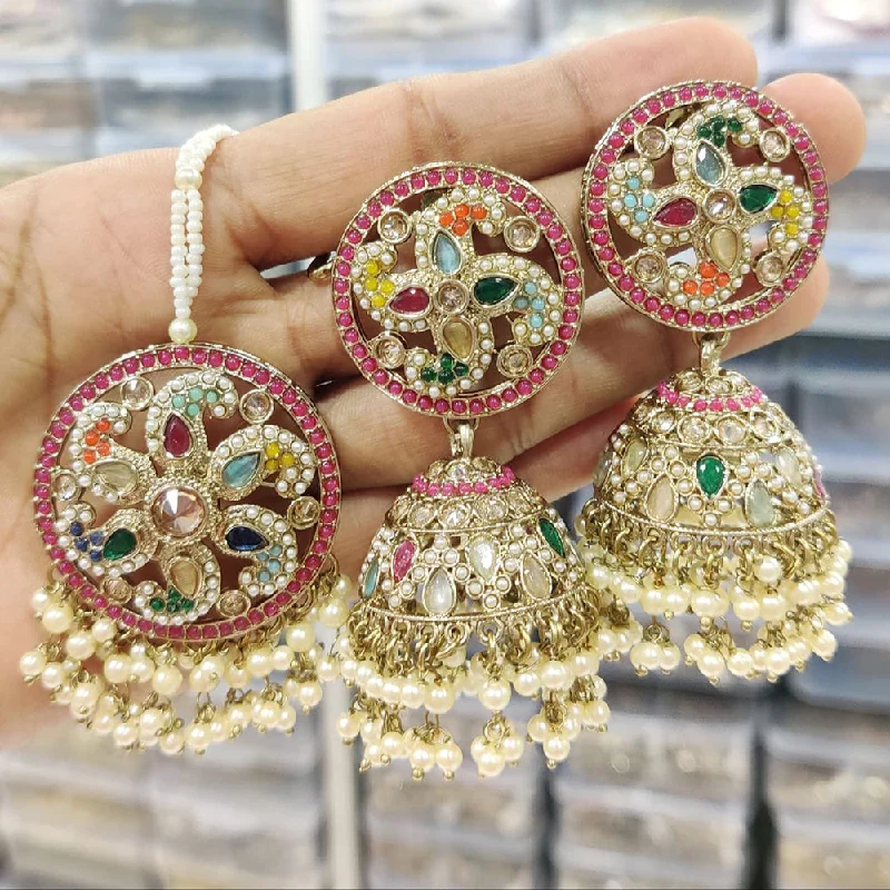 women’s ruby earrings-Anjali Jewellery Gold Plated Crystal Stone And Pearls Jhumki Earrings With Maangtikka