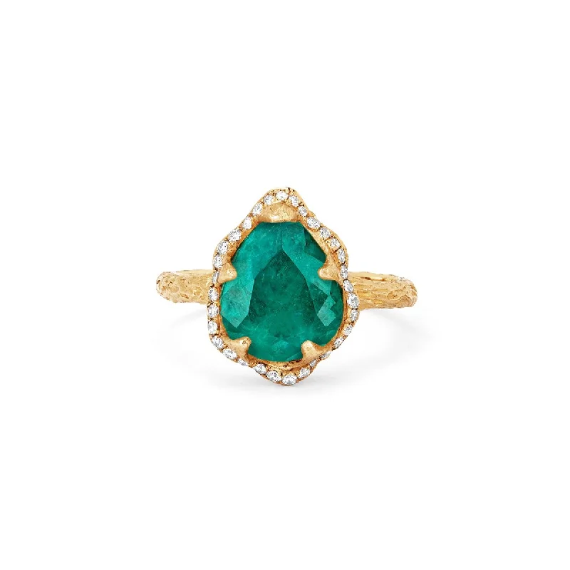 women’s statement cocktail rings-18k Baby Queen Water Drop Colombian Emerald Ring with Full Pavé Diamond Halo