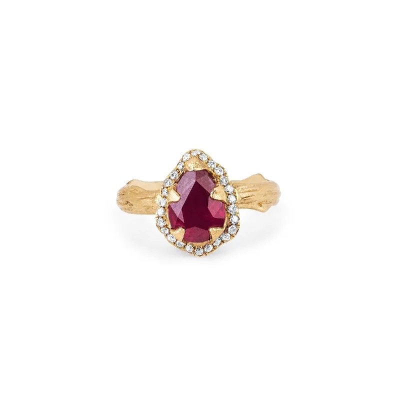 women’s bridal rings-Micro Queen Water Drop Ruby Rose Thorn Ring with Full Pavé Diamond Halo