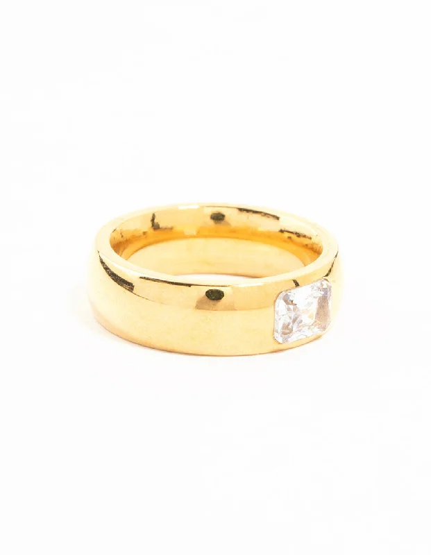 women’s oval rings-Waterproof Gold Plated Stainless Steel Wide Band Cubic Zirconia Ring