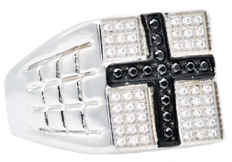 women’s stacking rings-Mens Stainless Steel Cross Ring With White And Black Cubic Zirconia