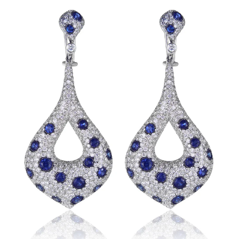 women’s clip-on earrings-18K White Gold 16.57ct Diamond and Blue Sapphire Drop Earrings