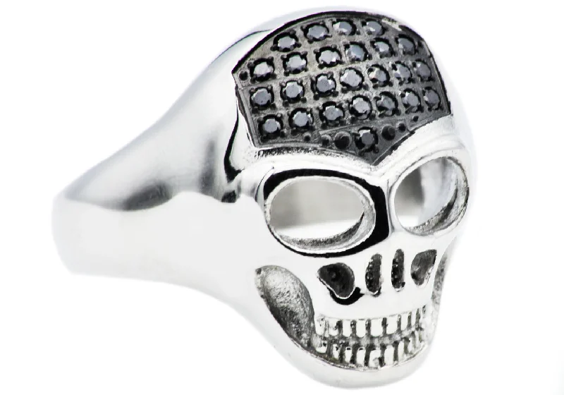 women’s birthstone rings-Mens Stainless Steel Skull Ring With Black Cubic Zirconia