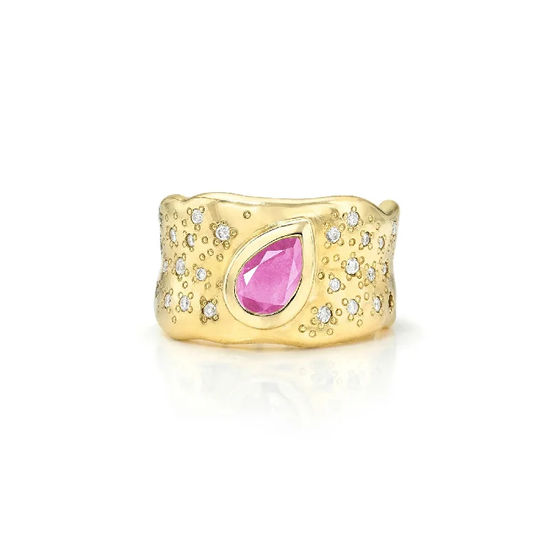 women’s ruby rings-Water Drop Pink Sapphire Cigar Band with Oracle Set Diamonds