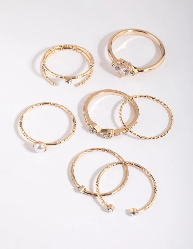 women’s fashion rings-Gold Diamante & Pearl Ring Pack