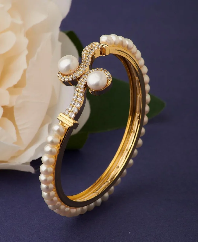 women’s modern bangles-Trendy Stone Studded Real Pearl Bangle