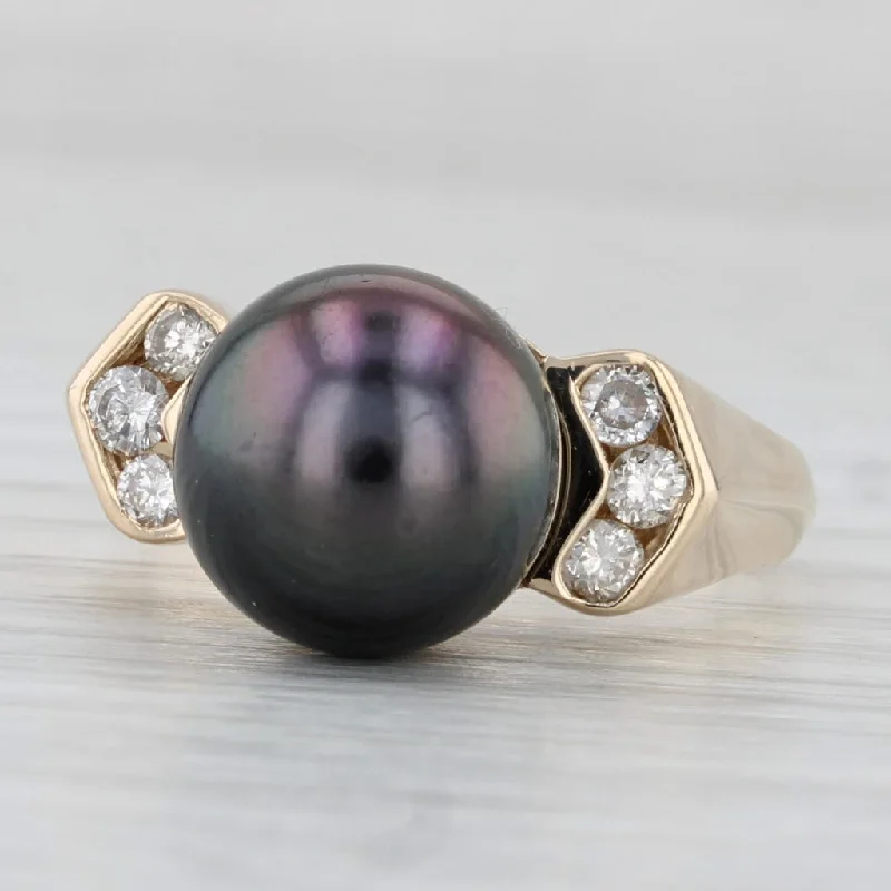 women’s cushion-shaped engagement rings-Black Cultured Pearl 0.27ctw Diamond Ring 14k Yellow Gold Size 9