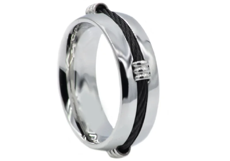 women’s oval rings-Mens Stainless Steel Band Ring with Black Wire