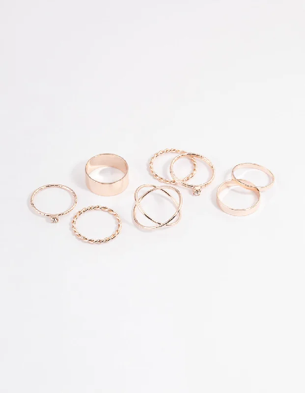 women’s gold rings-Rose Gold Thick & Diamante Ring 8-Pack