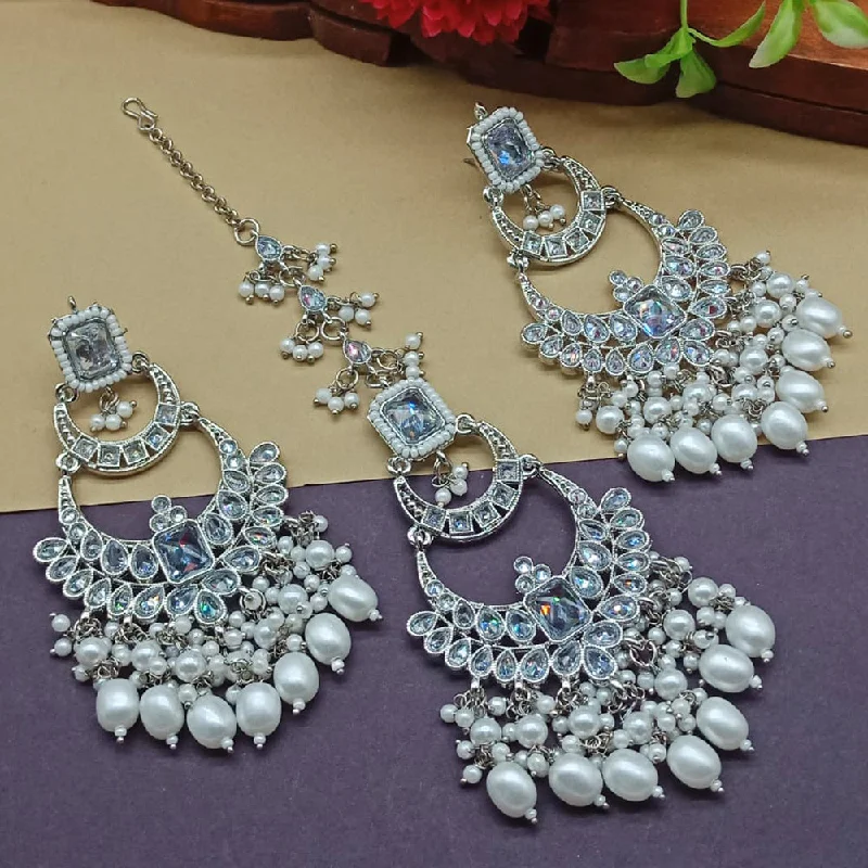 women’s antique earrings-India Art Silver Plated Crystal Stone Earrings With Maangtikka