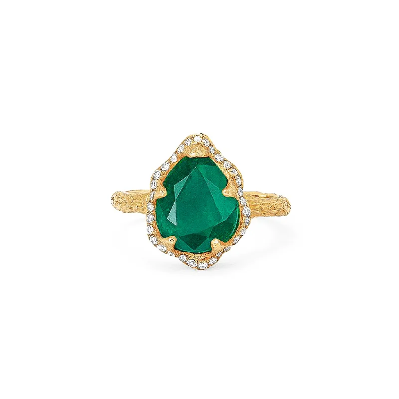 women’s custom wedding rings-Baby Queen Water Drop Zambian Emerald Ring with Full Pavé Diamond Halo