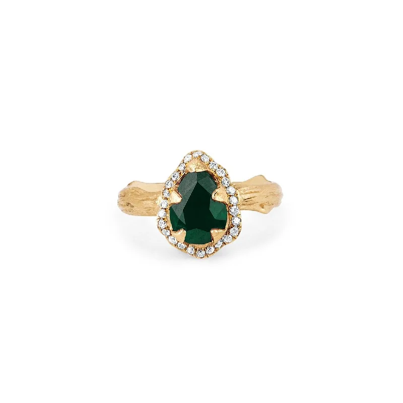 women’s minimalist engagement rings-Micro Queen Water Drop Emerald Rose Thorn Ring with Pavé Diamond Halo