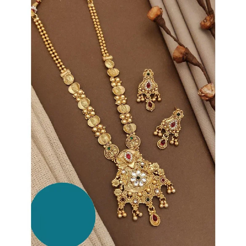 women’s crystal charm necklaces-Akruti Collection Gold Plated Kundan Long Necklace Set