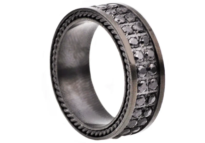 women’s cushion-cut rings-Mens 8mm Black Stainless Steel Two Row Black Cubic Zirconia Eternity Band Ring