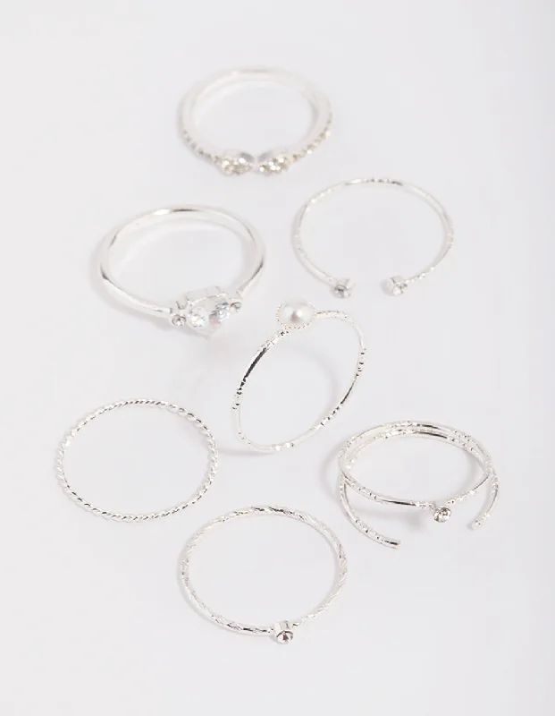 women’s delicate engagement rings-Silver Dainty Diamante & Pearl Ring Pack