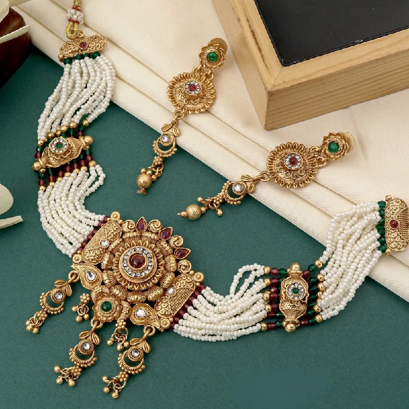 women’s colorful gemstone necklaces-FS Collection Gold Plated Kundan Stone And Pearl Necklace Set