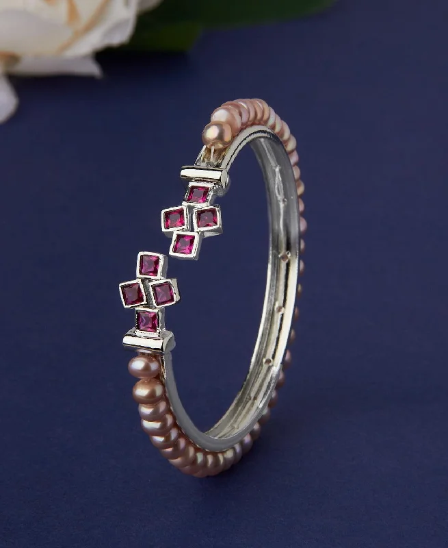 women’s bridal bracelets-Classy Pink Pearl Bangle