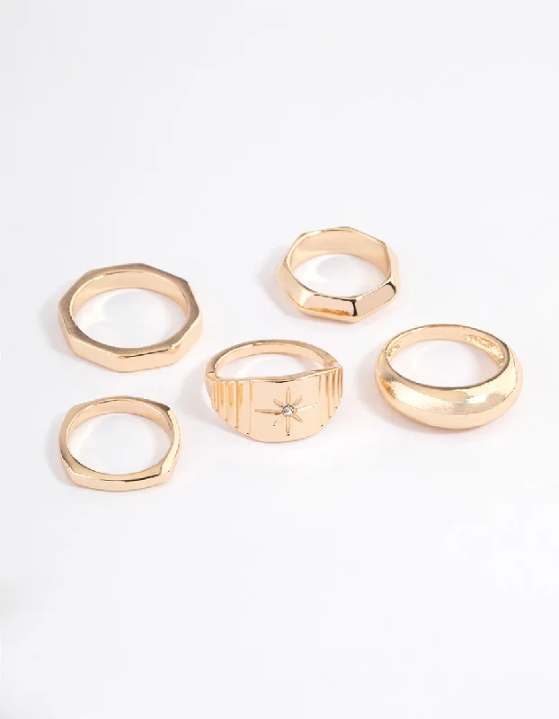 women’s stackable rings-Gold Mixed Shape Star Ring 5-Pack