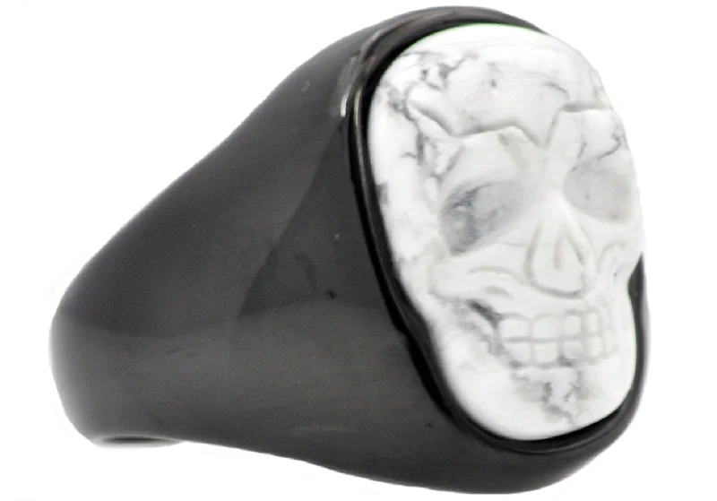 women’s modern rings-Mens Genuine Howlite Black Plated Stainless Steel Skull Ring