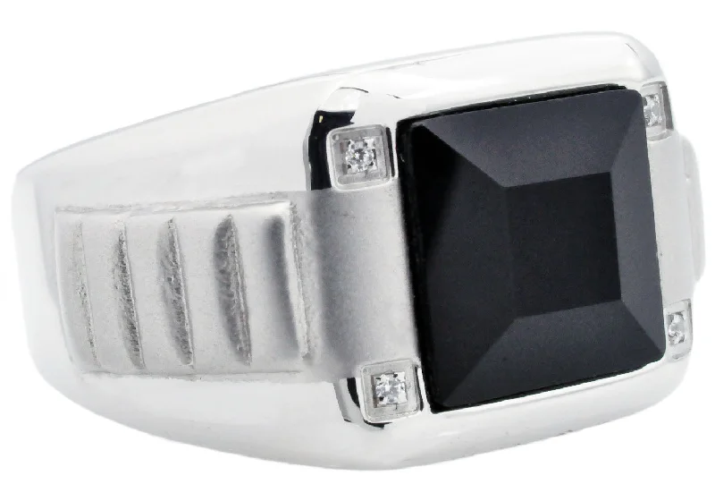 women’s black diamond rings-Mens Genuine Onyx And Stainless Steel RIng With Cubic Zirconia