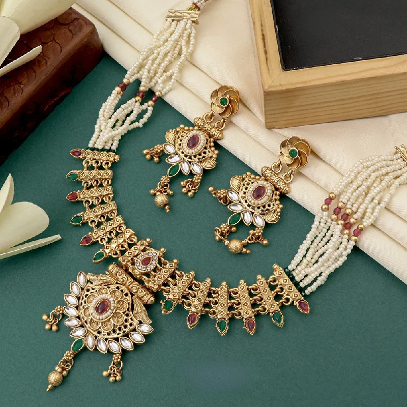 women’s wedding necklaces-FS Collection Gold Plated Kundan Stone And Pearl Necklace Set