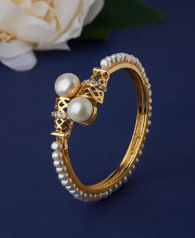 women’s charm bracelets with beads-Delightful Stone Studded Real Pearl Bangle