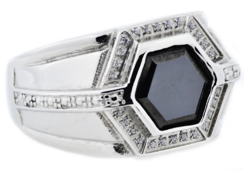 women’s knot rings-Mens Onyx And Stainless Steel Ring With Cubic Zirconia