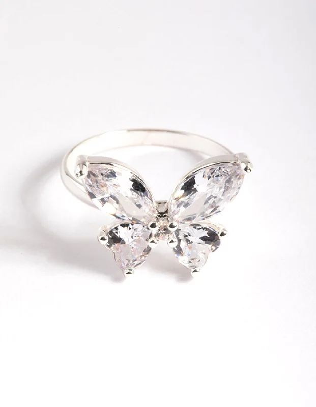 women’s delicate rings-Silver Plated Cubic Zirconia Medium Butterfly Ring