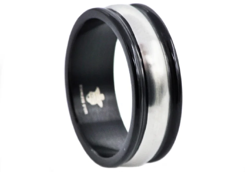 women’s infinity band rings-Mens 8mm Black And Silver Stainless Steel Band Ring