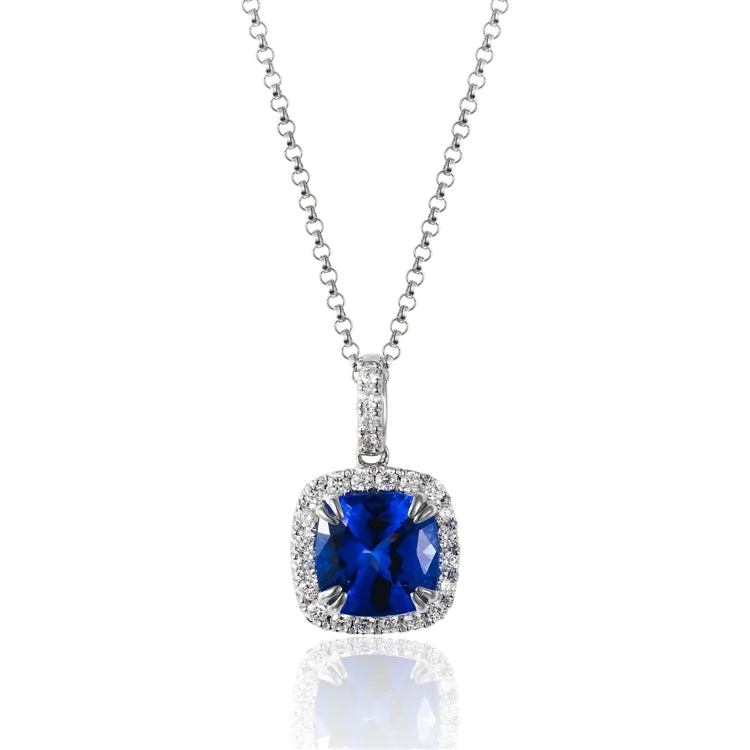 women’s emerald necklaces-Luvente 14k White Gold Tanzanite and Diamond Halo Necklace N02229