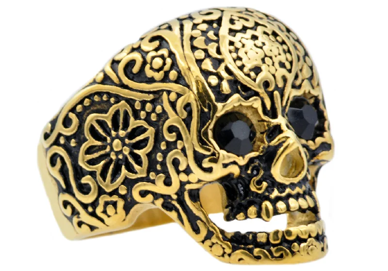 women’s sapphire rings-Mens Gold Stainless Steel Skull Ring With Black Cubic Zirconia