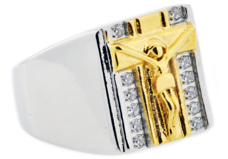 women’s textured rings-Mens Gold Stainless Steel Cross Ring With Cubic Zirconia