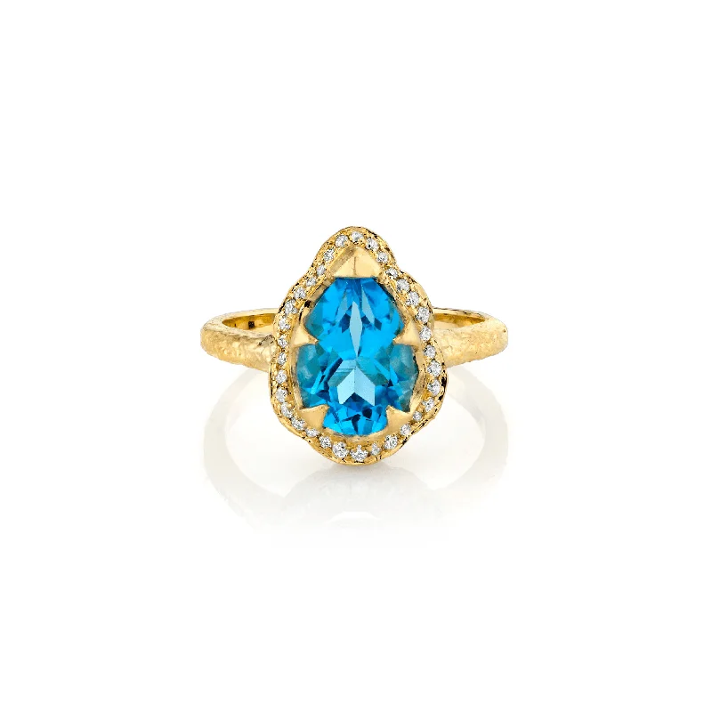 women’s elegant rings-Baby Queen Water Drop Blue Topaz Ring with Full Pavé Halo