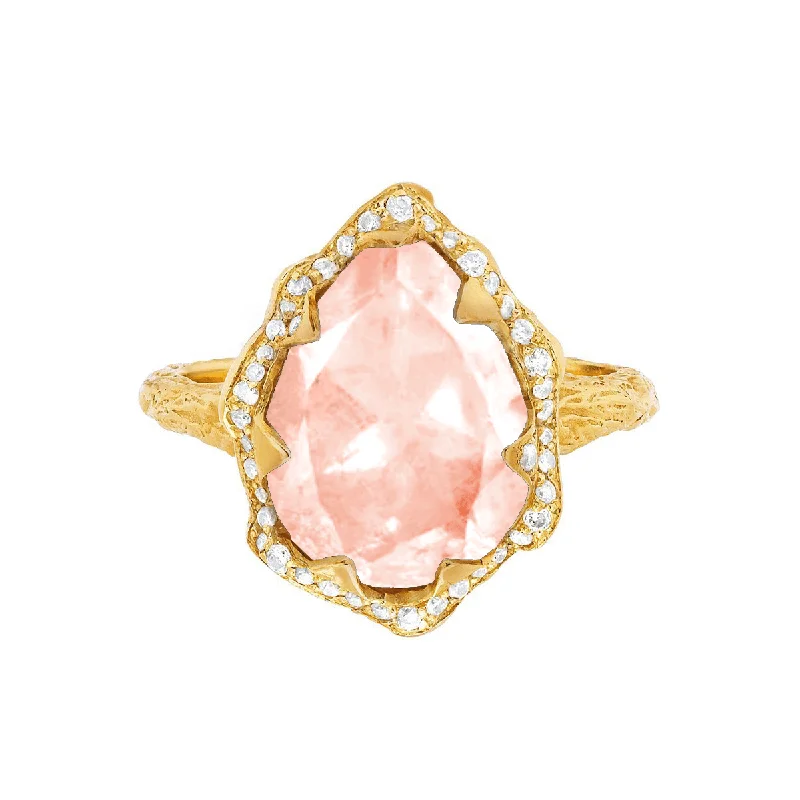 women’s birthstone rings-Queen Water Drop Morganite Ring with Full Pavé Halo