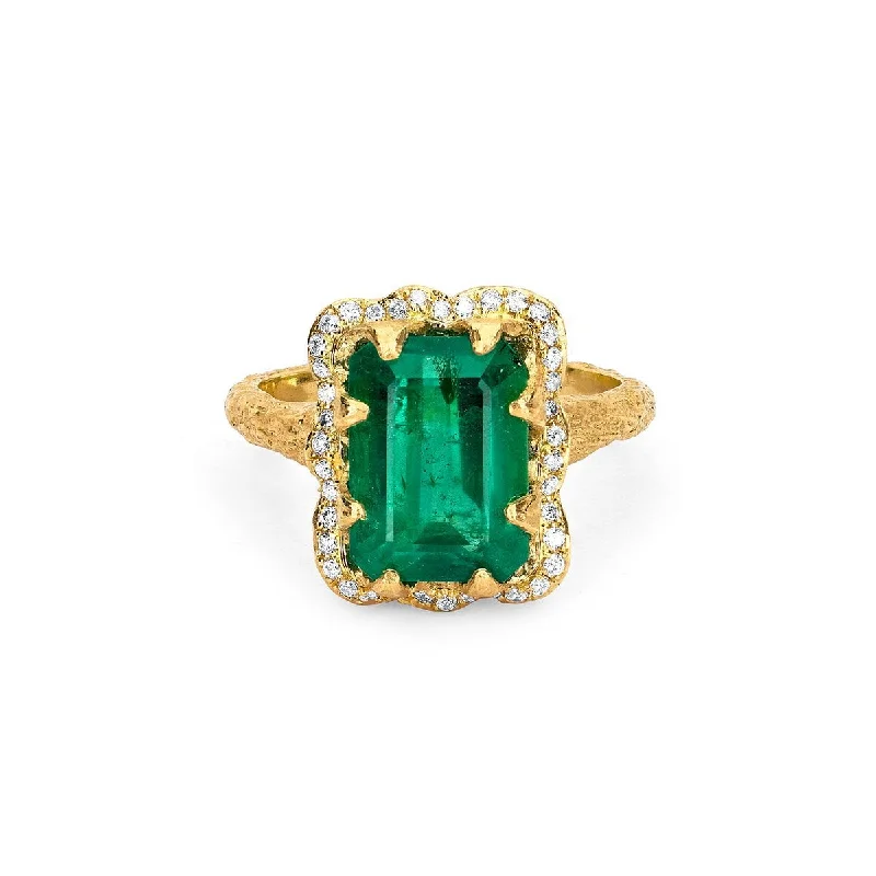 women’s gold rings-18k Queen Emerald Cut Emerald Ring with Full Pavé Diamond Halo