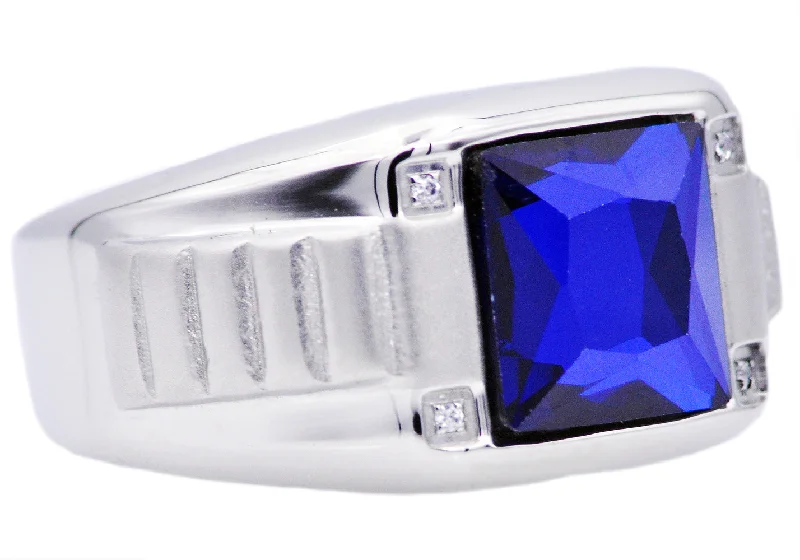 women’s wedding ring sets-Mens Genuine Blue Spinel And Stainless Steel Ring With Cubic Zirconia