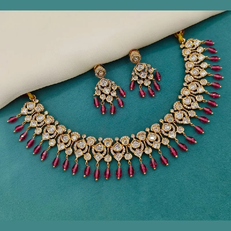 women’s engraved necklaces-Royal Kundan Jewellery Gold Plated Polki Kundan And Beads Necklace Set